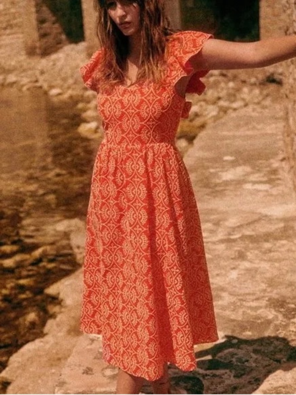 Sezane Melville Lace Coral Midi Dress Size 38/US6